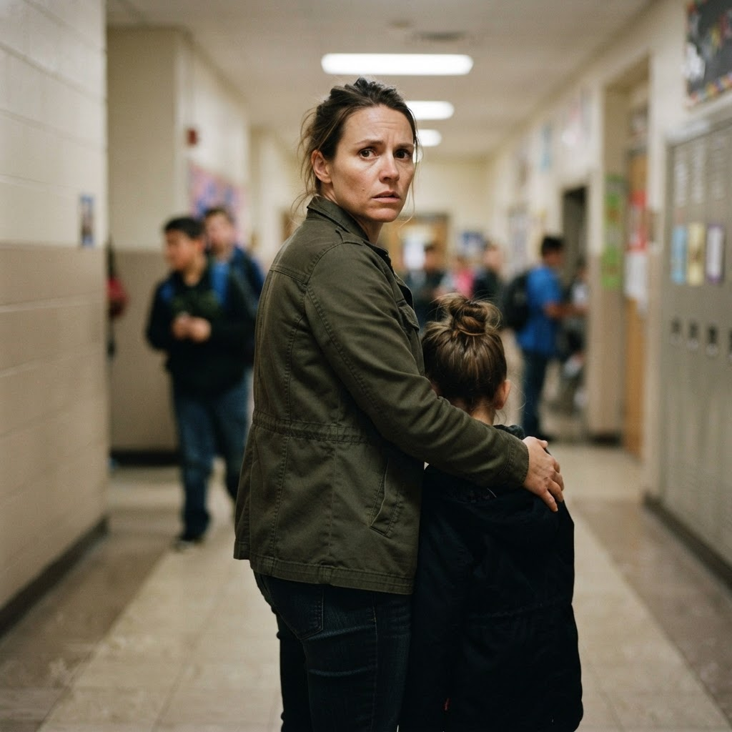 A mother protectively shielding her daughter, whose face is turned away